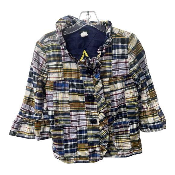 J Crew Madras Plaid Patchwork Jacket Preppy Cotton Bell Ruffle Sleeve Navy 8 - Picture 1 of 4